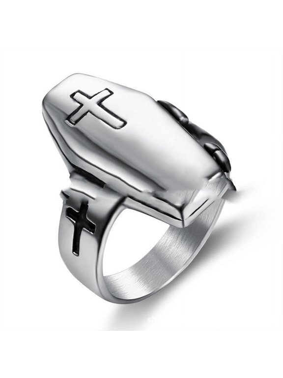 Mens Retro Zombie Coffin Ring Gothic Cross Stainless Steel