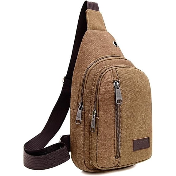 Mens Retros Fashion Crossbody Bag,Solid Color Canvas Shoulder Bag with Metal Ring Hole,Travel Chest Bag with Zipper,Soft and Textured,for Daily Commuting or Travel