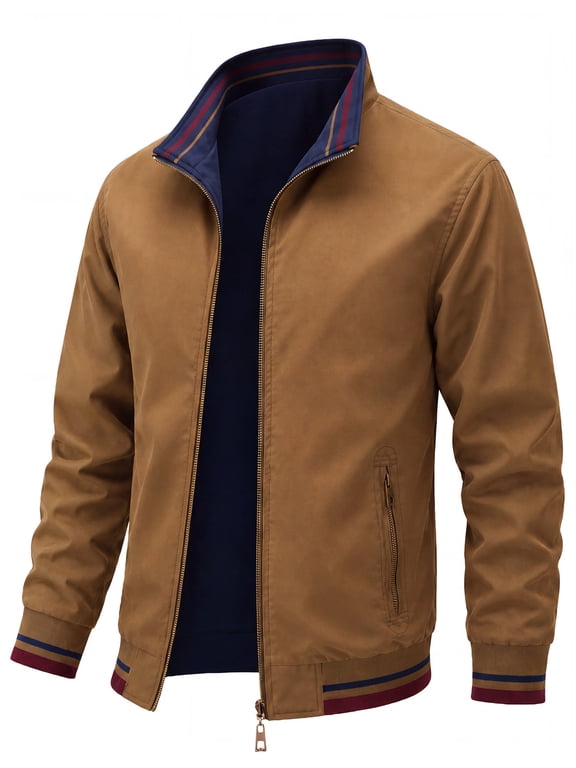 Mens Reversible Lightweight Jacket Stand Collar Bomber Casual Full Zip Coat 2 in 1 Outdoor Windbreaker
