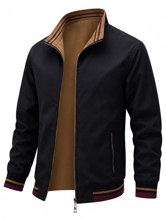 Mens Reversible Bomber Jacket Full Zip 2 in 1 Windbreaker Stand Coat for Daily Golf And Work Outdoor