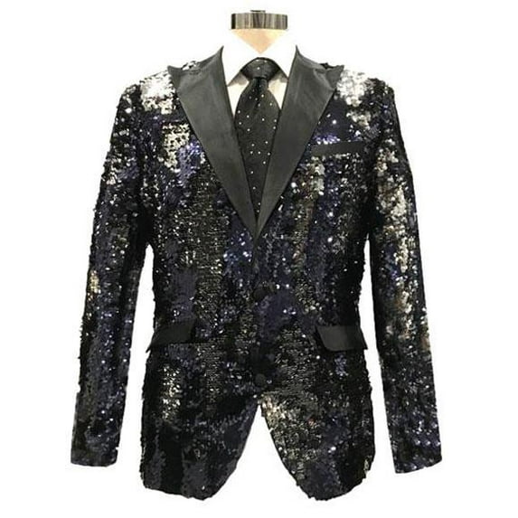 Mens Reversible Sequin Black & Silver Blazer With Black Satin Peak Lapel