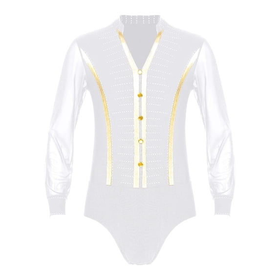 Mens Rhinestone V Neck Dance Shirts Unitard Ballroom Modern Latin Tango Rumba Long Sleeve Leotard Bodysuit Dancewear