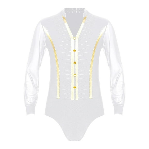 Mens Rhinestone V Neck Dance Shirts Unitard Ballroom Modern Latin Tango Rumba Long Sleeve Leotard Bodysuit Dancewear