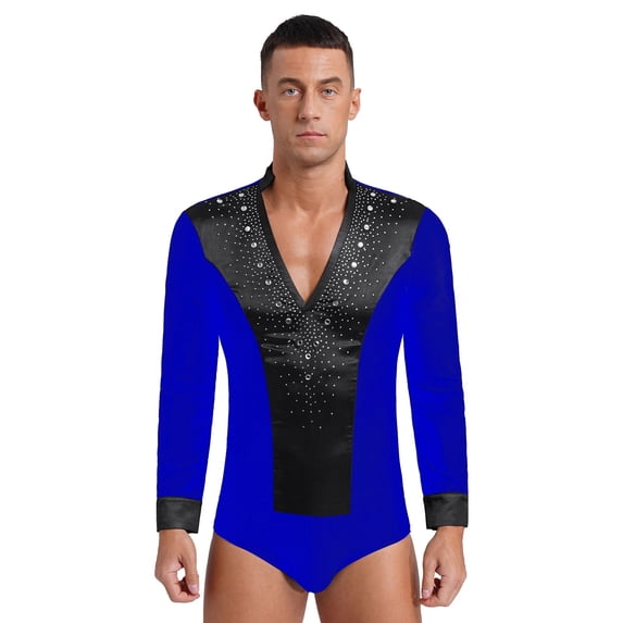 Mens Rhinestone V Neck Dance Shirts Unitard Ballroom Modern Latin Tango Rumba Long Sleeve Leotard Bodysuit Dancewear