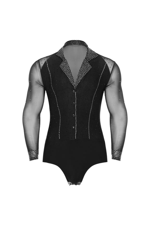 Mens Rhinestone V Neck Dance Shirts Unitard Ballroom Modern Latin Tango Rumba Long Sleeve Leotard Bodysuit Dancewear