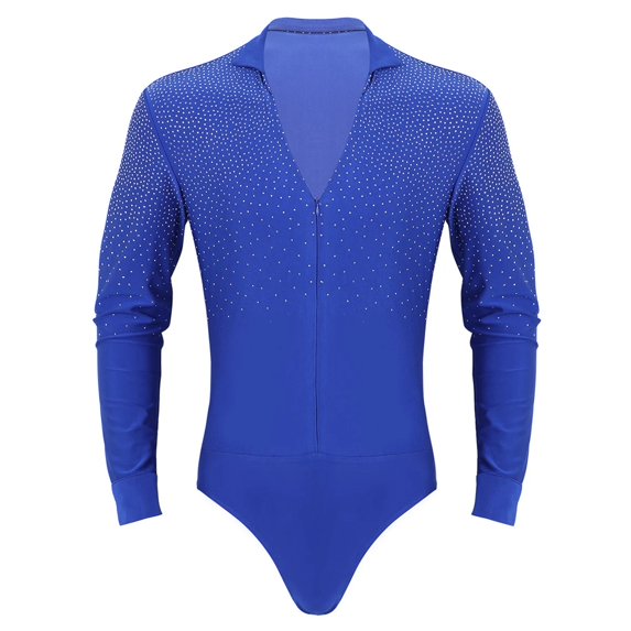 Mens Rhinestone V Neck Dance Shirts Unitard Ballroom Modern Latin Tango Rumba Long Sleeve Leotard Bodysuit Dancewear