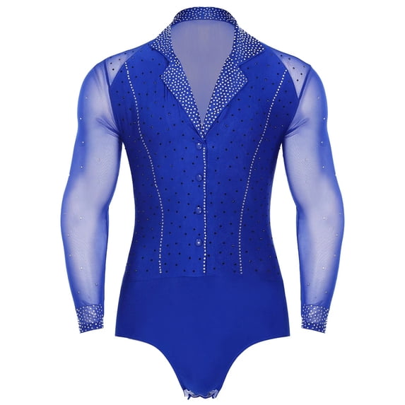 Mens Rhinestone V Neck Dance Shirts Unitard Ballroom Modern Latin Tango Rumba Long Sleeve Leotard Bodysuit Dancewear