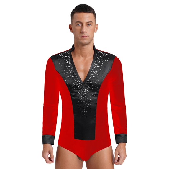 Mens Rhinestone V Neck Dance Shirts Unitard Ballroom Modern Latin Tango Rumba Long Sleeve Leotard Bodysuit Dancewear