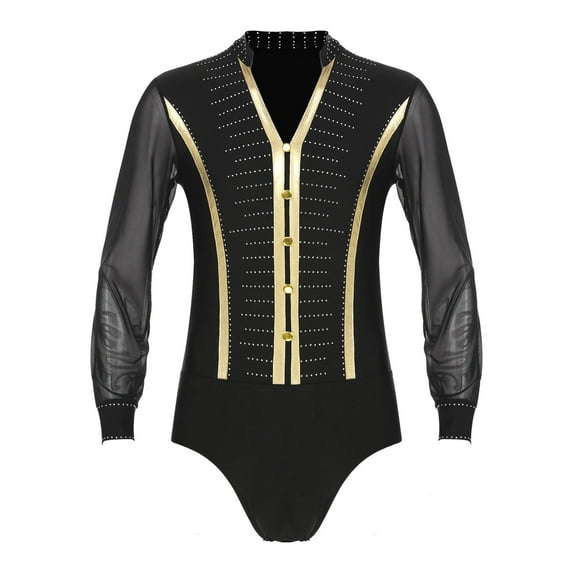 Mens Rhinestone V Neck Dance Shirts Unitard Ballroom Modern Latin Tango Rumba Long Sleeve Leotard Bodysuit Dancewear