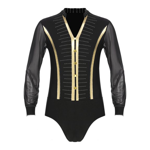 Mens Rhinestone V Neck Dance Shirts Unitard Ballroom Modern Latin Tango Rumba Long Sleeve Leotard Bodysuit Dancewear