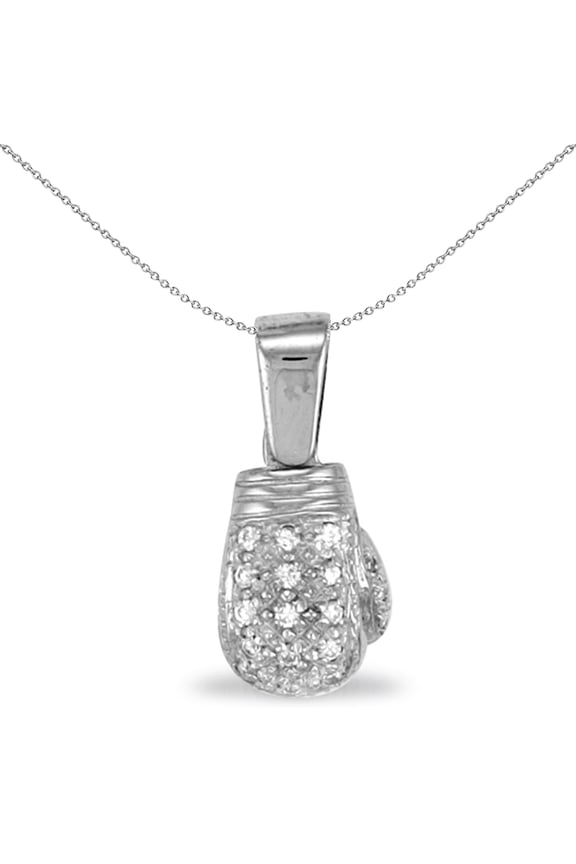 Mens Rhodium Silver Jewelco London CZ Boxing Glove Pendant Necklace 31mm 18"