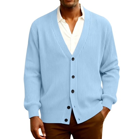 Mens Rib Knit Sweaters Long Sleeve Button Front V Neck Jackets Lightweight Business Casual Soft Basic Loose Fit Sweater Light Blue 4XL