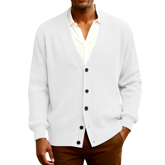Mens Rib Knit Sweaters Long Sleeve Button Front V Neck Jackets Lightweight Business Casual Soft Basic Loose Fit Sweater White S