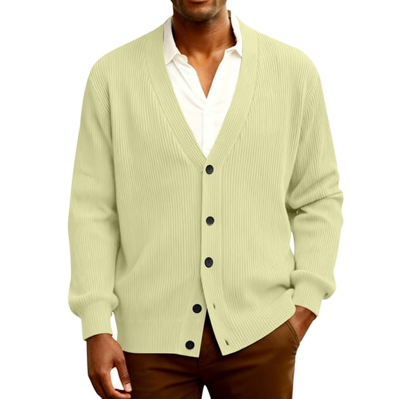 Mens Rib Knit Sweaters Long Sleeve Button Front V Neck Jackets Lightweight Business Casual Soft Basic Loose Fit Sweater Yellow 4XL
