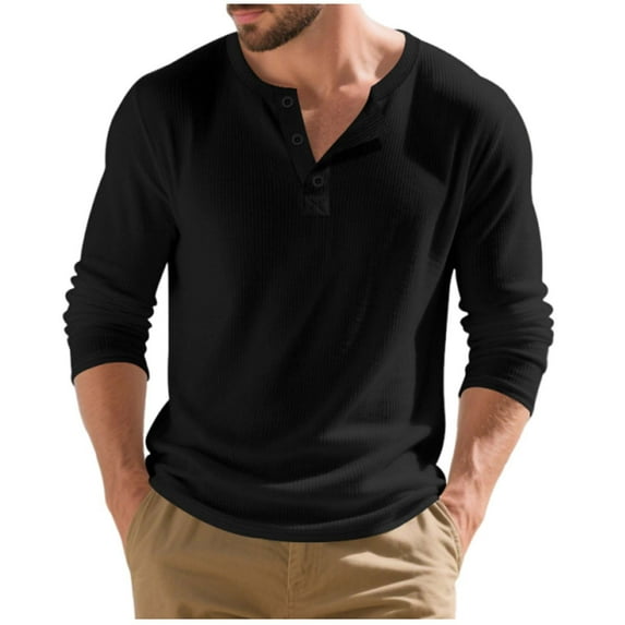 Mens Ribbed Henley Shirt, Long Sleeve Shirts for Men Fall Fashion Loose Fit Solid Color Basic Button Up Crewneck T-Shirts S-3XL