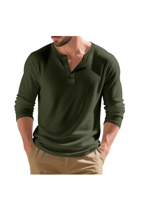 Mens Ribbed Henley Shirt, Long Sleeve Shirts for Men Fall Fashion Loose Fit Solid Color Basic Button Up Crewneck T-Shirts S-3XL