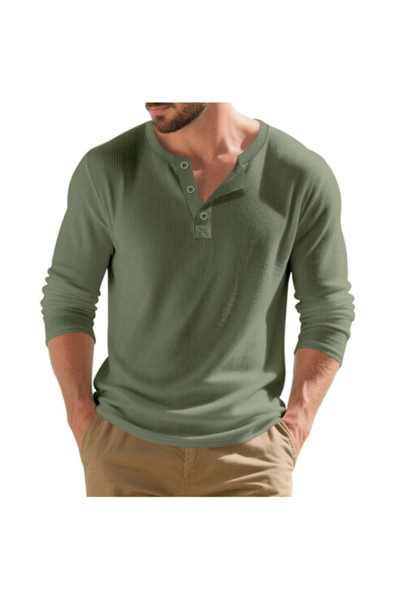 Mens Ribbed Henley Shirt, Long Sleeve Shirts for Men Fall Fashion Loose Fit Solid Color Basic Button Up Crewneck T-Shirts S-3XL