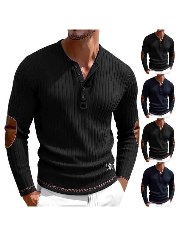 Mens Ribbed Henley Shirts Elbow Patch Button Placket Slim Fit Fall Casual Workout Tops