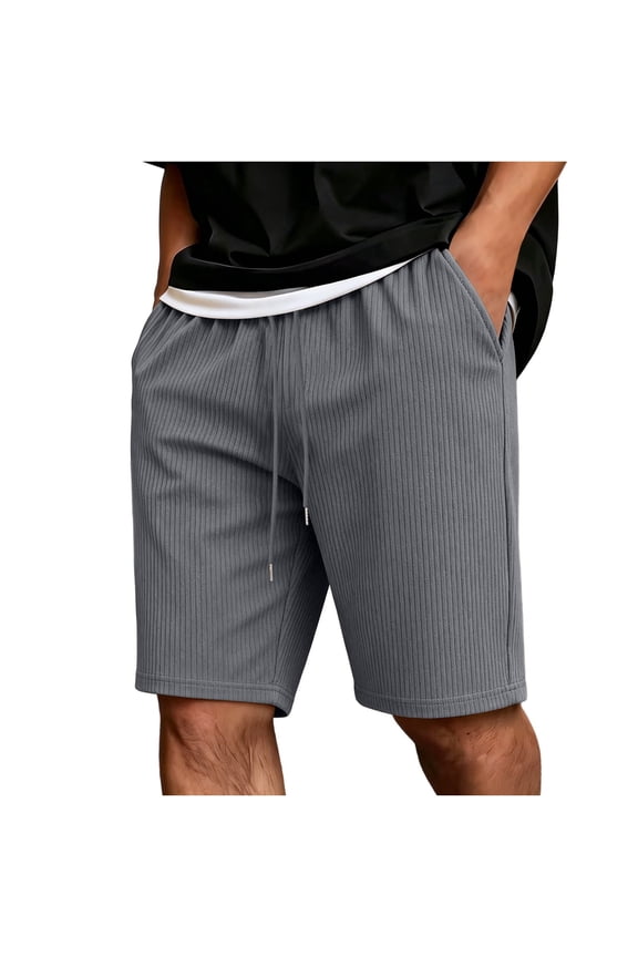 Mens Ribbed Knit Casual Shorts 9" Inseam Summer Lounge Elastic Waist Drawstring Above Knee Length Short Pants with Pockets