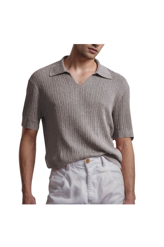 Mens Ribbed Knit Shirts V Neck Short Sleeve Vintage Sweater Summer Casual Shirts Golf Pullover