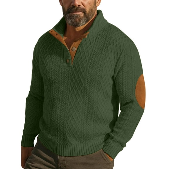 Mens Ribbed Knit Sweater with Quarter Zip Like Button Front and Contrasting Elbow Patches Army Green XL