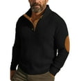 thumbnail image 1 of Mens Ribbed Knit Sweater with Quarter Zip Like Button Front and Contrasting Elbow Patches Black L, 1 of 4