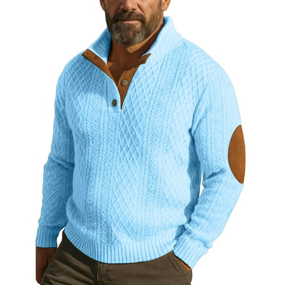 Mens Ribbed Knit Sweater with Quarter Zip Like Button Front and Contrasting Elbow Patches Sky Blue XL