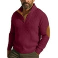 thumbnail image 1 of Mens Ribbed Knit Sweater with Quarter Zip Like Button Front and Contrasting Elbow Patches Wine 3XL, 1 of 4