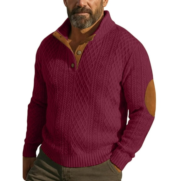 Mens Ribbed Knit Sweater with Quarter Zip Like Button Front and Contrasting Elbow Patches Wine XL