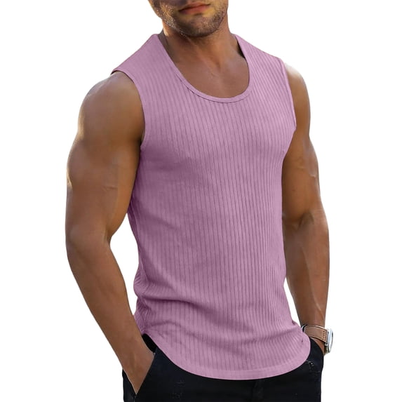 Mens Ribbed Knit Tank Top Cotton Sleeveless Shirts Summer Beach Workout Muscle Undershirt Pink 3XL