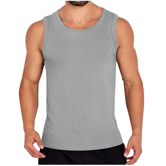 Mens Ribbed Knited Tank Tops Workout Muscle Gym Sleeveless Shirt Athletic Bodybuilding Moisture Wicking T Shirts Size M-3XL Gray