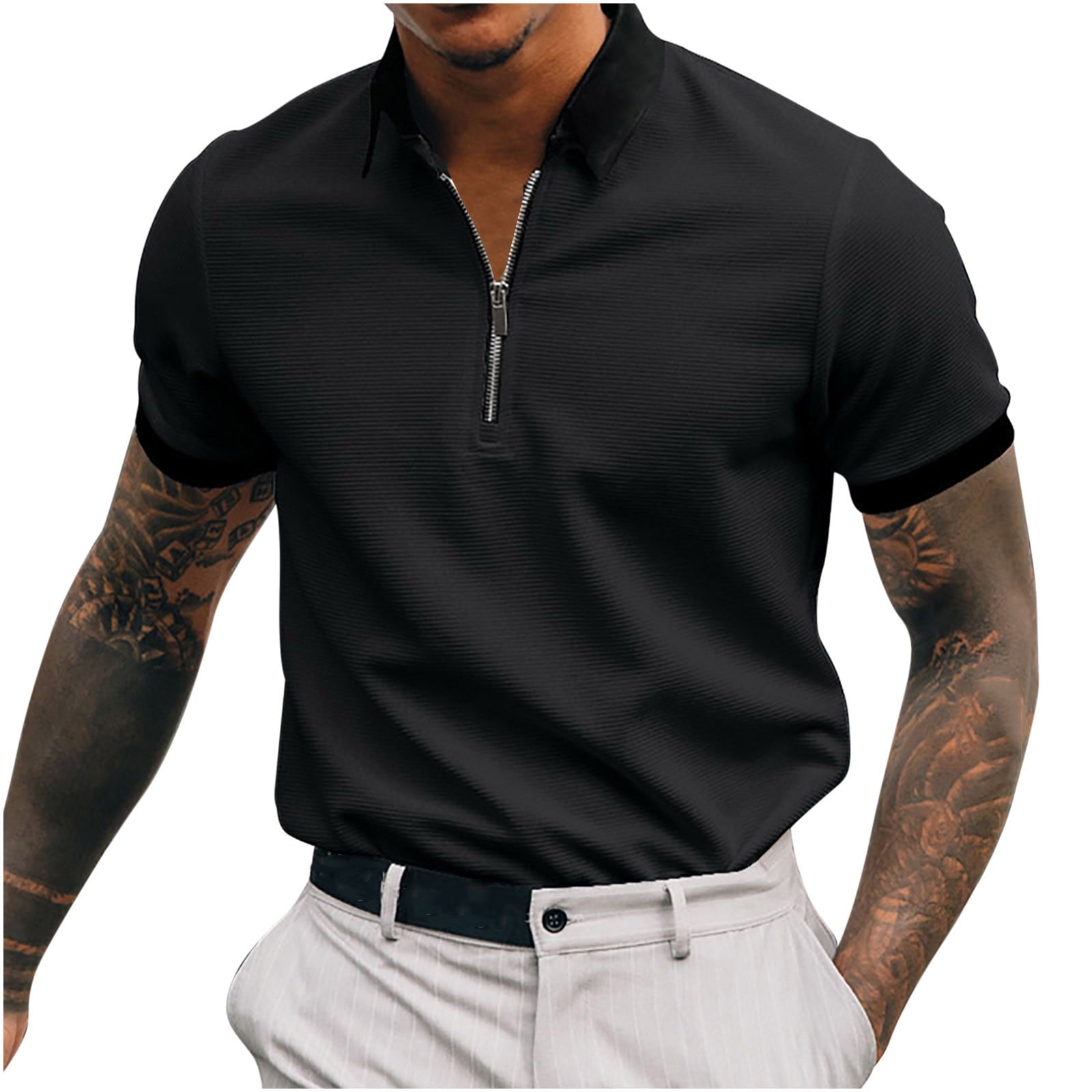 Polo Shirt For Men Business Set Luxury Brand Casual Suit Zipper Lapel  T-shirt Short Sleeve Male Hawaiian Style Polo Shirt Set
