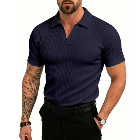 Mens Ribbed Polo Shirt V-Neck Short Sleeve Knit Summer Business Casual Stretchy Golf Shirts, S