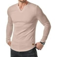 thumbnail image 1 of Mens Ribbed Shirts Long Sleeve V Neck Fashion Solid Color Tee Slim Fit Casual Fall Winter Basic Pullover Top,Beige,2XL, 1 of 4