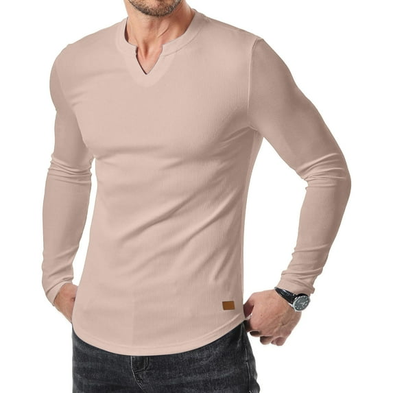 Mens Ribbed Shirts Long Sleeve V Neck Fashion Solid Color Tee Slim Fit Casual Fall Winter Basic Pullover Top,Beige,2XL