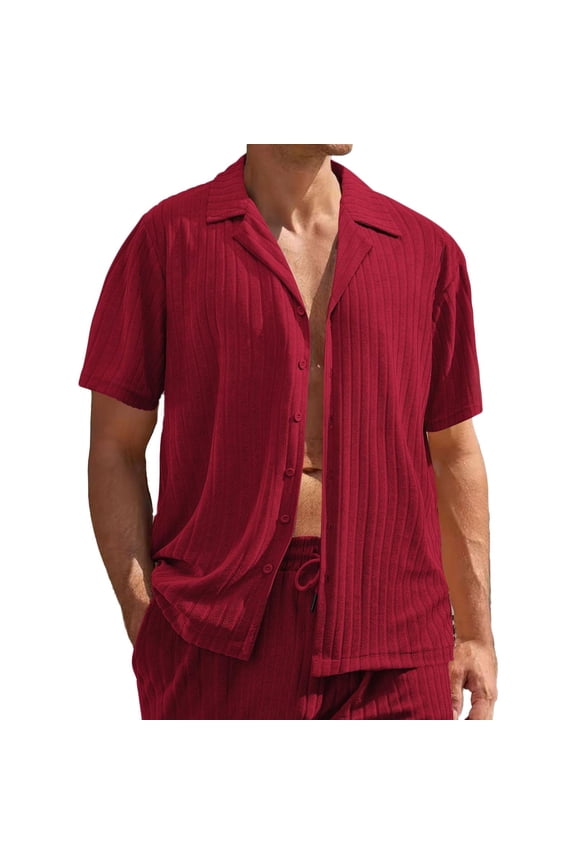 Mens Ribbed Short Sleeve Button Down Shirts Summer Cuban Collar Beach Vacation Tops Lightweight Casual Tropical Holiday Wrinkle Free Camp Shirt Gift for Father