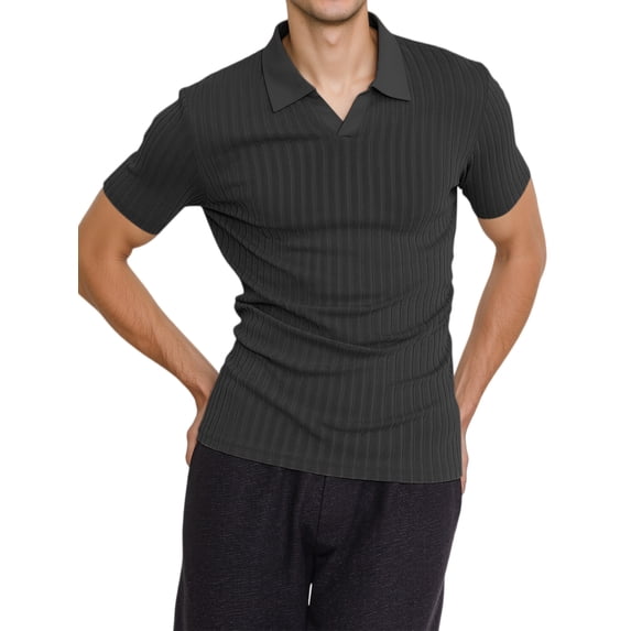 Mens Ribbed Textured Short Sleeve Collared Shirt V-Neck Casual Knit Top Black XXXL