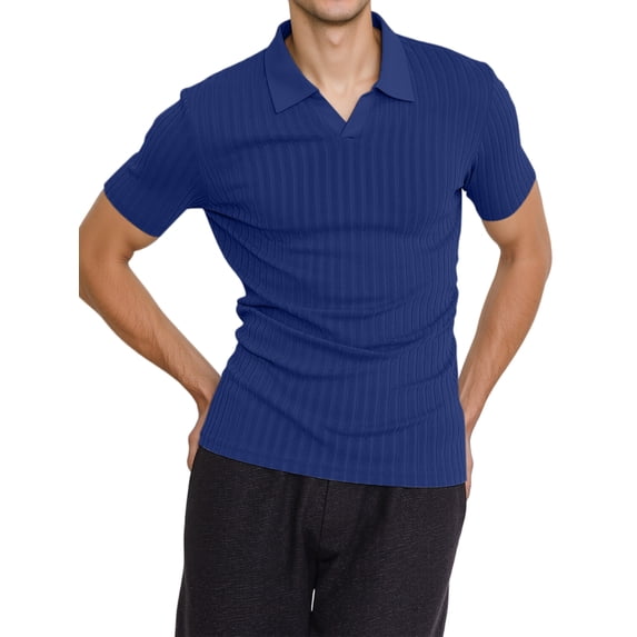 Mens Ribbed Textured Short Sleeve Collared Shirt V-Neck Casual Knit Top Navy Blue XXL