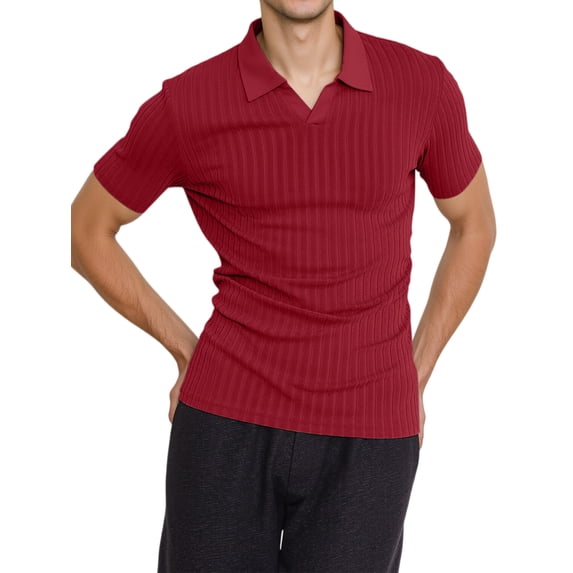Mens Ribbed Textured Short Sleeve Collared Shirt V-Neck Casual Knit Top Wine Red XXL