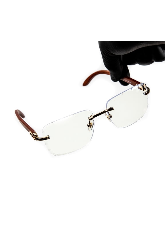 Mens Rimless Gold Frame Woodgrain Hip Hop Clear Lens Gem Cut Glasses