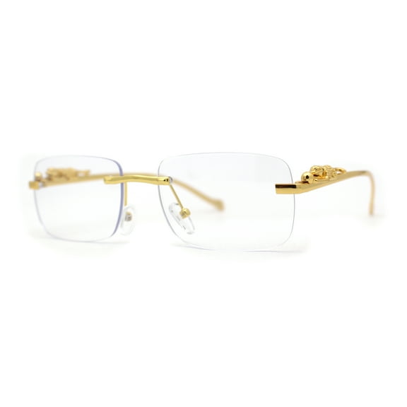 Mens Rimless Leopard Jewel Pin Arm Rectangle Eyeglasses Gold