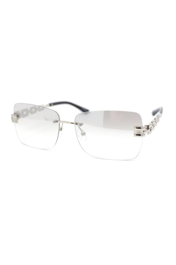 Mens Rimless Luxury Metal Jewel Chain Link Arm Fashion Sunglasses Silver - Clear Mirror