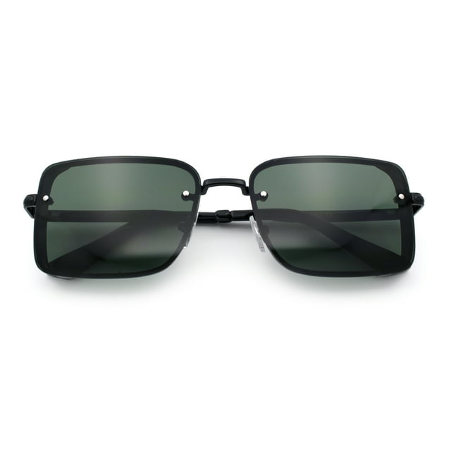 Mens Rimless Narrow Rectangle Dimensional Metal Frame Sunglasses Black - Green