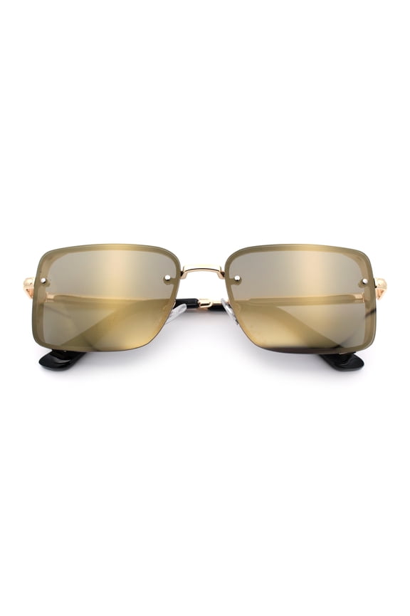 Mens Rimless Narrow Rectangle Dimensional Metal Frame Sunglasses Gold - Gold Mirror