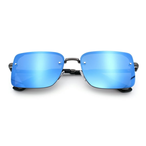 Mens Rimless Narrow Rectangle Dimensional Metal Frame Sunglasses Gunmetal - Blue Mirror