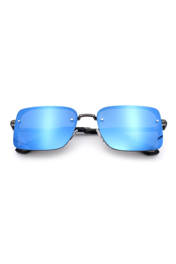 Mens Rimless Narrow Rectangle Dimensional Metal Frame Sunglasses Gunmetal - Blue Mirror