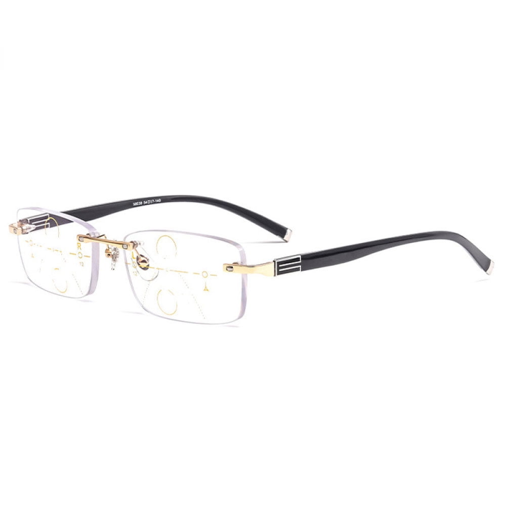 Mens Rimless Progressive Reading Glasses 1.00 Multifocus Blue Light Blocking Business Gold Rectangular Readers +1.00 Strength