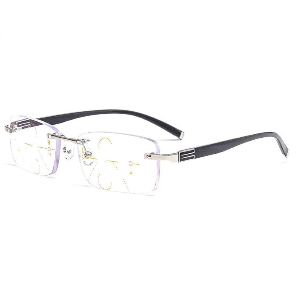 Mens Rimless Progressive Reading Glasses 1.00 Multifocus Blue Light Blocking Business Silver Rectangular Readers +1.00 Strength