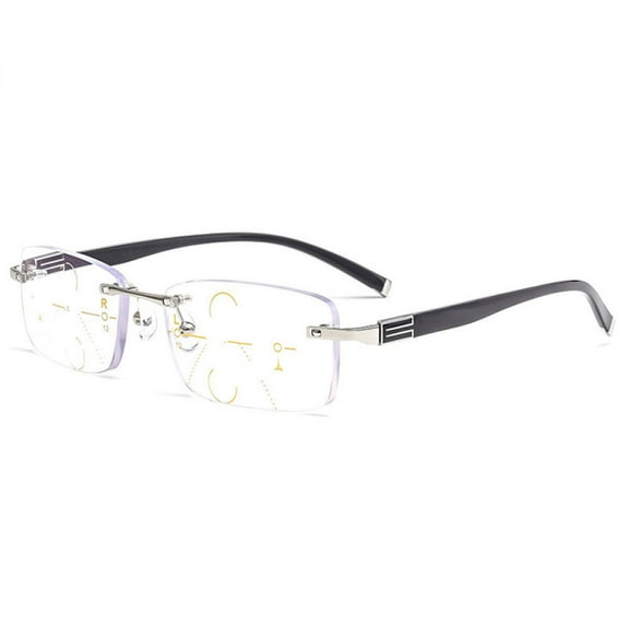 Mens Rimless Progressive Reading Glasses 2.00 Multifocus Blue Light Blocking Business Silver Rectangular Readers +2.00 Strength