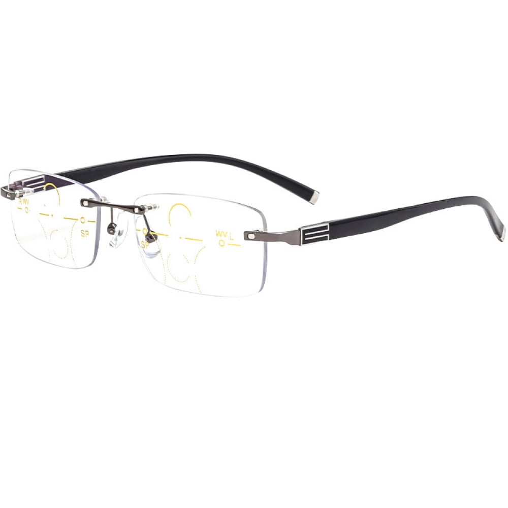 Mens Rimless Progressive Reading Glasses 2.75 Multifocus Blue Light Blocking Business Gunmetal Rectangular Readers +2.75 Strength